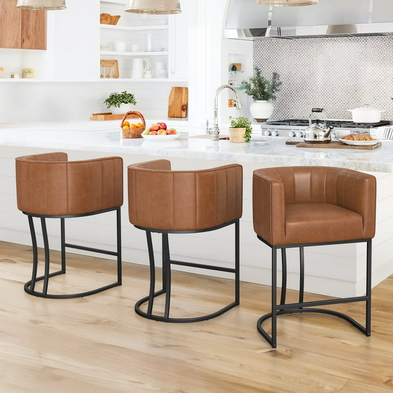 Bar Stool Wraparound Arms Channel Stitching Sled Base Cognac Brown
