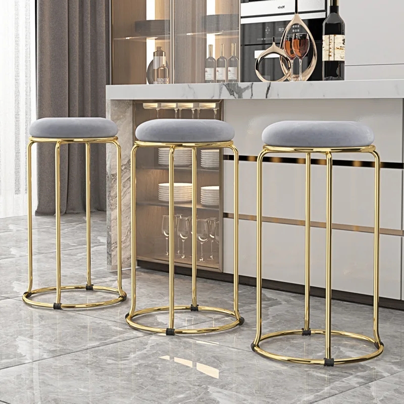 Bar Stools Backless Grey Puff Seat Gold Circular Base Minimalist