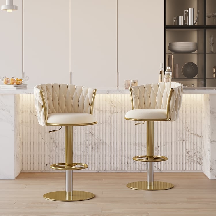 Bar Stools Braided Back Cream Upholstered Adjustable Gold Pedestal