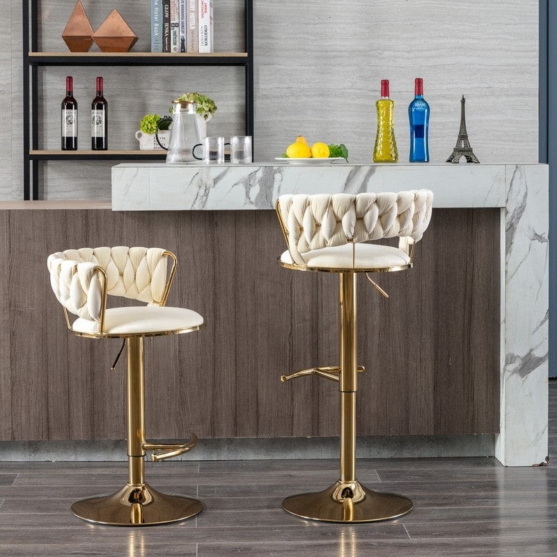 Bar Stools Braided Woven Backrest Gold Pedestal Beige Seating