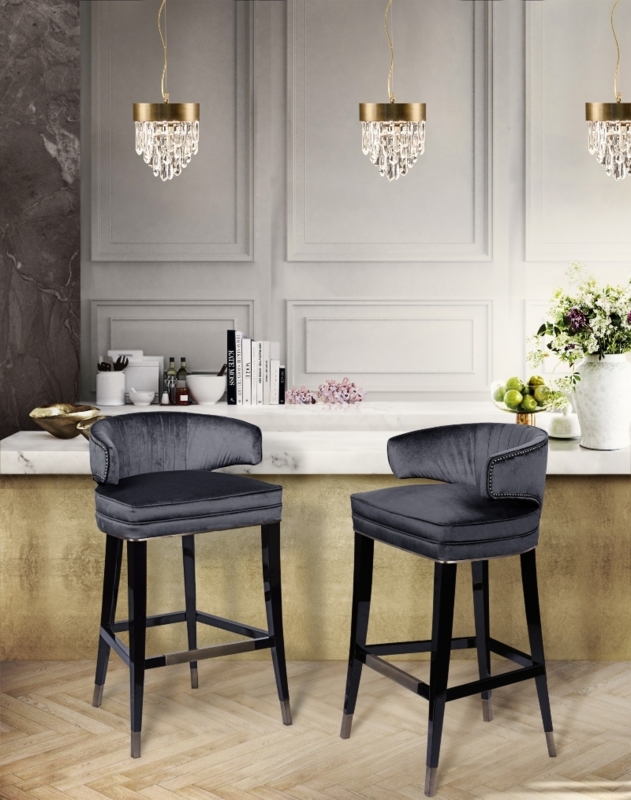Bar Stools Charcoal Velvet Nailhead Trim Curved Back Luxury Seating