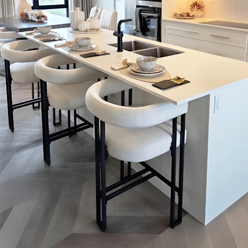 Bar Stools Matte Black Frame Wrap Around Arms Beige Minimalist