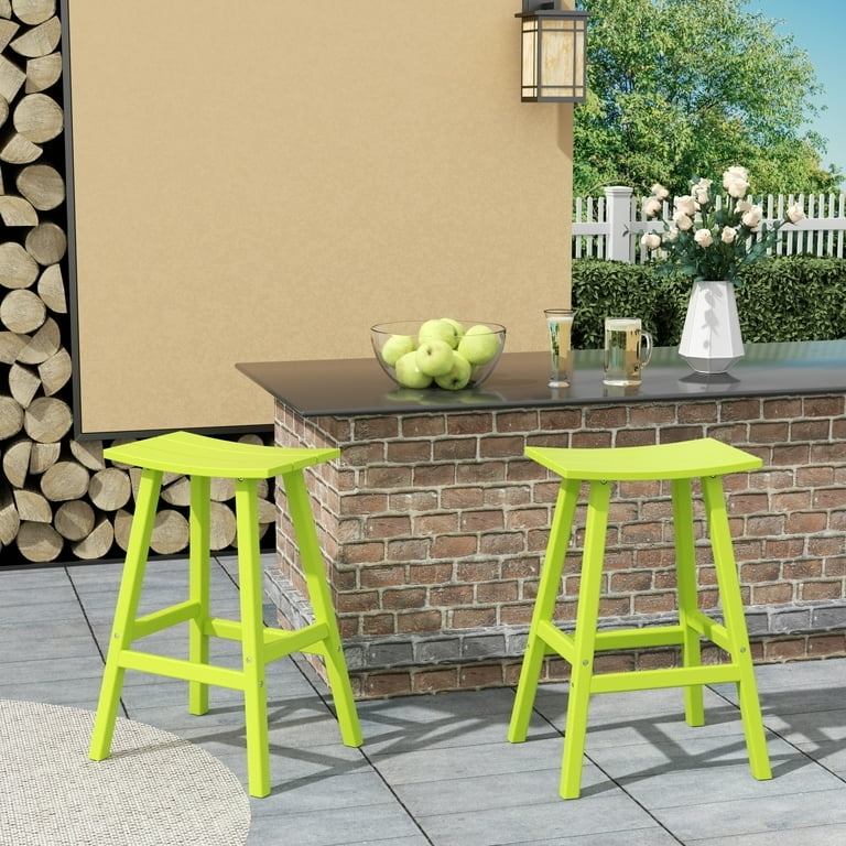 Bar Stools: Outdoor Adirondack style, slatted lime green plastic.