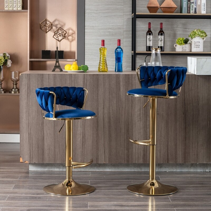 Bar Stools Royal Blue Woven Back Gold Pedestal Swivel Chair