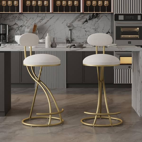 Bar Stools Sculptural Gold Frame Oval Backrest White Luxury