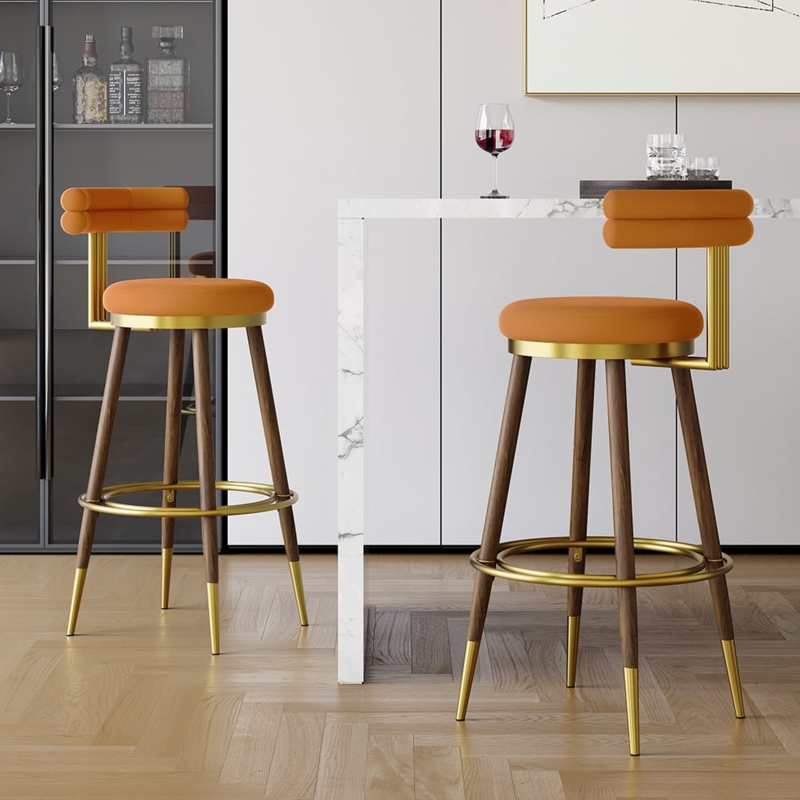Bar Stools with Cylindrical Backrest and Gold Ferrules, Orange Velvet