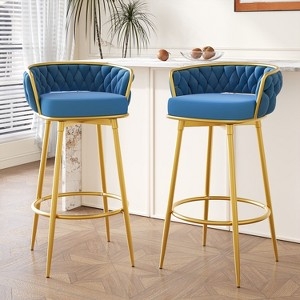 Bar Stools Woven Backrest Royal Blue Gold Tapered Legs Glam