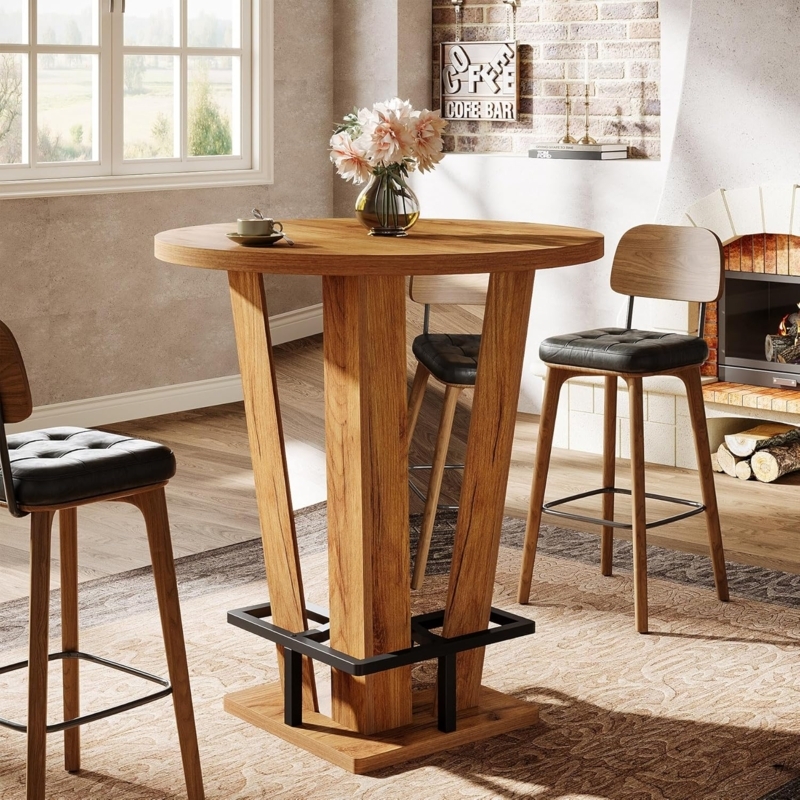 Bar Table Architectural Pedestal Base Square Footrest Round Wood