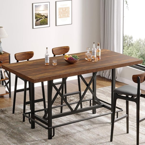 Bar Table, Brown Wood Tone with X-Shaped Bracing, Narrow Profile