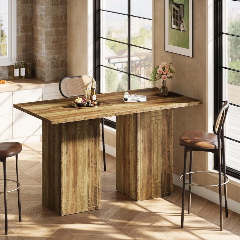 Bar Table Dual Pedestal Base Engraved Details Wood Toned Rustic