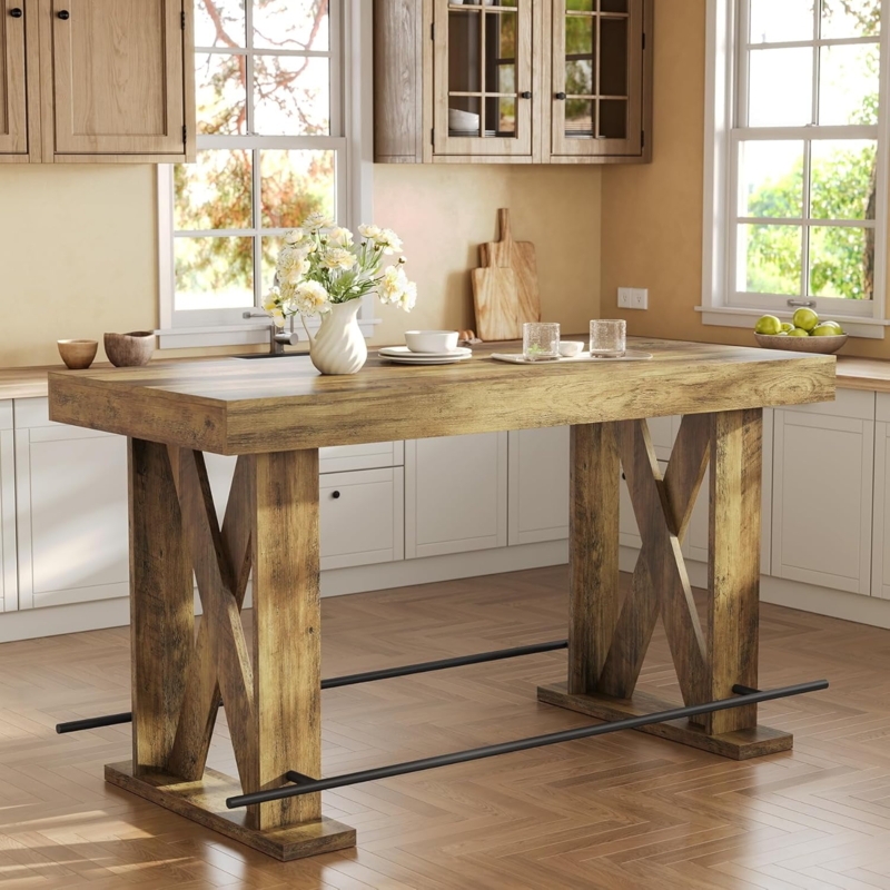 Bar Table Rustic X-Frame Legs Integrated Metal Footrest Thick Wood