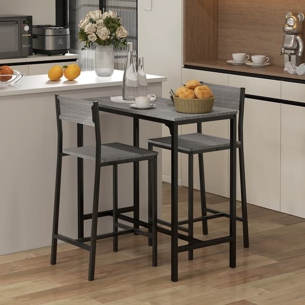 Bar Table Set Industrial Slate Grey Wood Grain Slim Metal Frame
