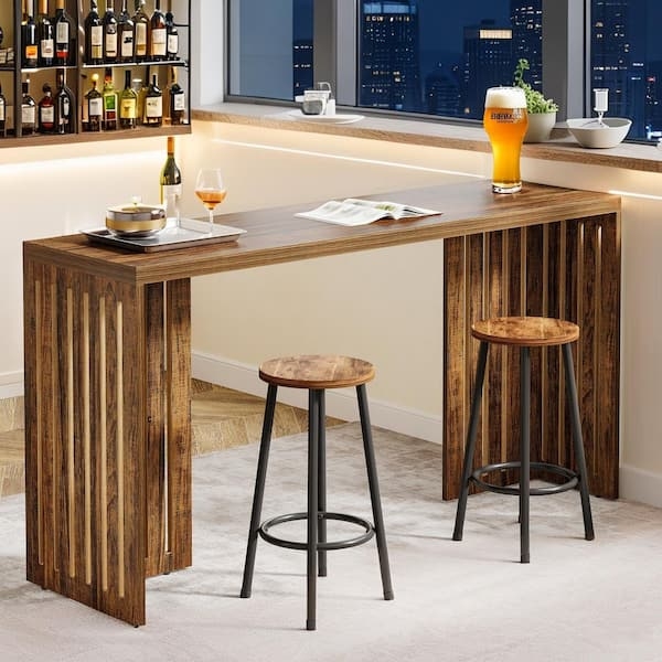 Bar Table Set, Narrow Louvered Base with Backless Stools, Walnut