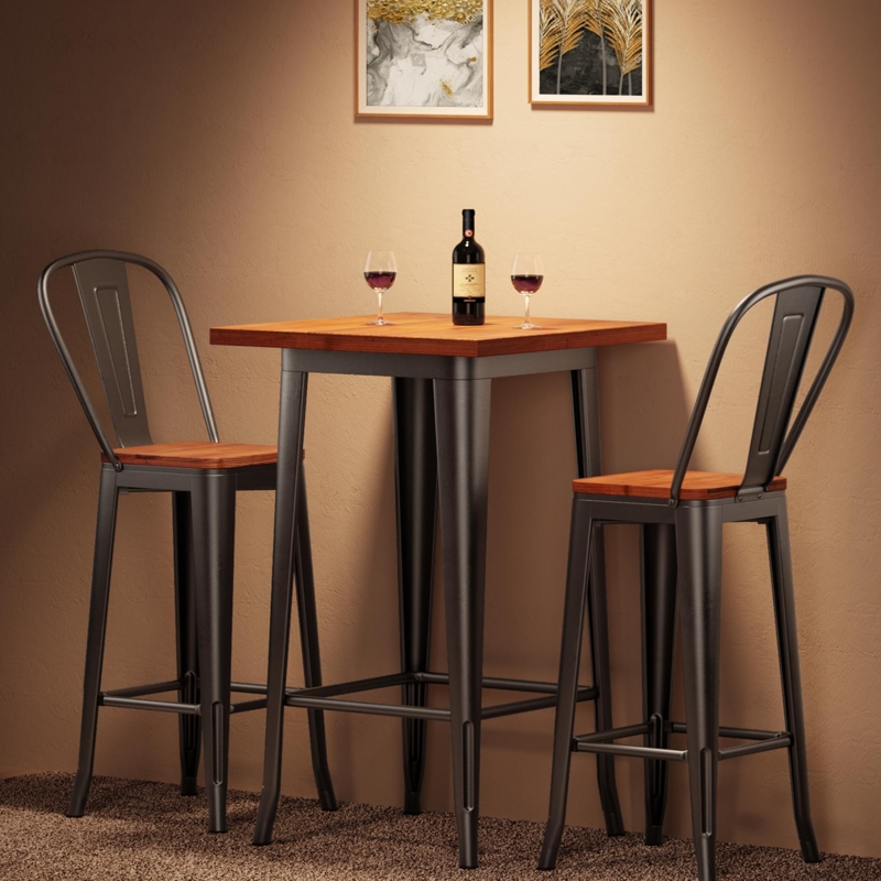 Bar Table Set Slat Back Tapered Metal Legs Wood Toned Seat Bistro