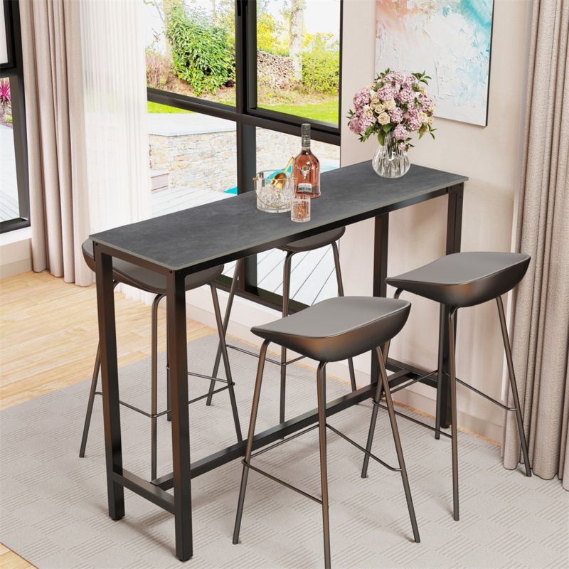 Bar Table Set, Textured Charcoal Stone-Like Top, Matte Black Frame
