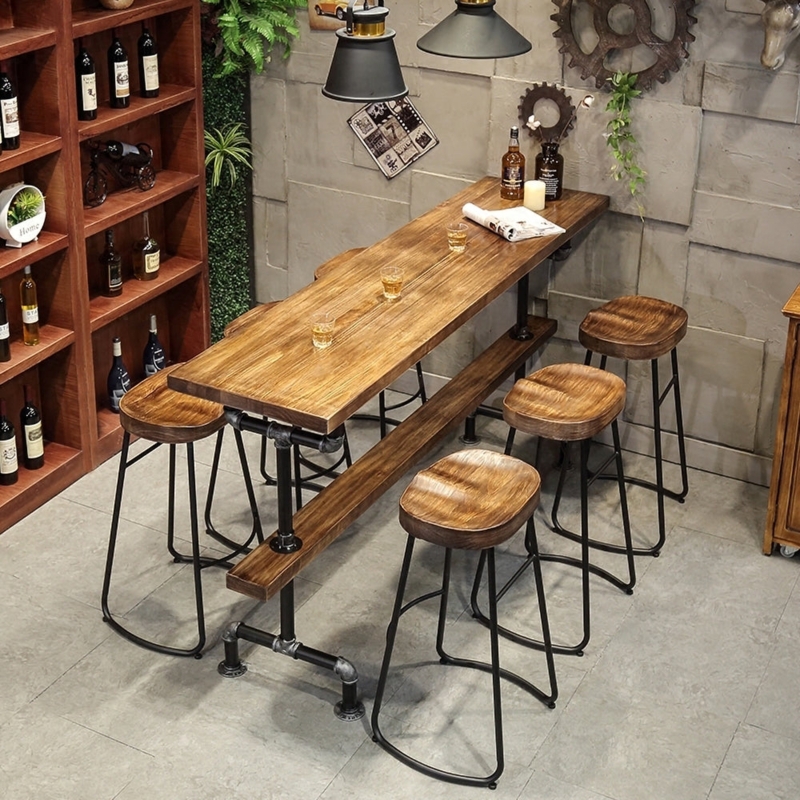Bar Table Set, Wood Toned with Contoured Seats & Pipe Legs