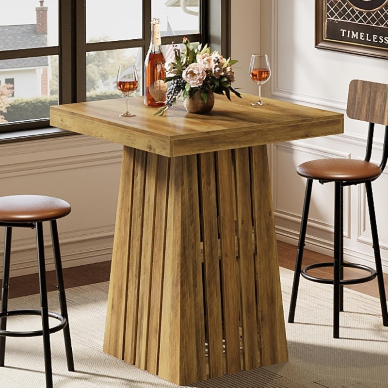 Bar Table Slatted Pedestal Base Square Top Honey Brown Farmhouse