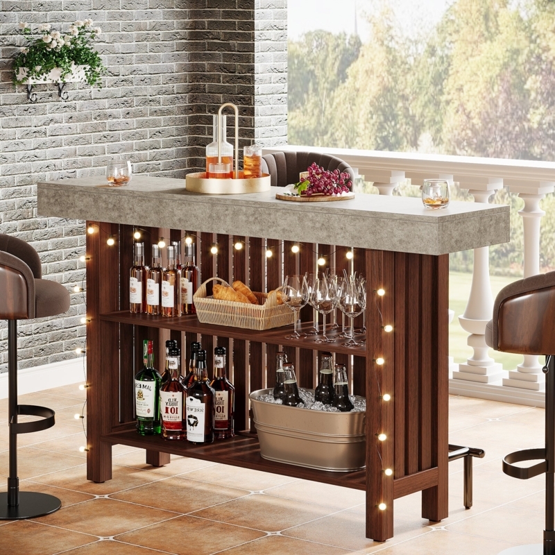Bar Unit Two-Tier with Slatted Wood Base & Stone Like Countertop