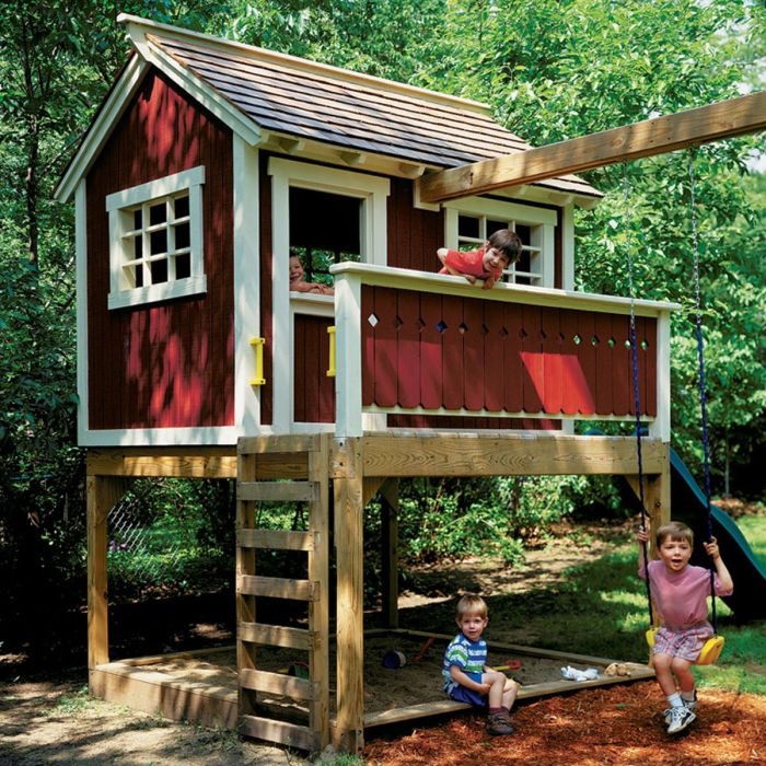 Barn Red Backyard Playhouse with Swing Arm & Multi-Level Cabin