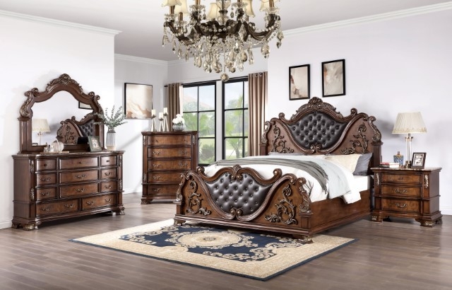 Baroque Bedroom Set: Brown Cherry Wood & Charcoal Gray Upholstery