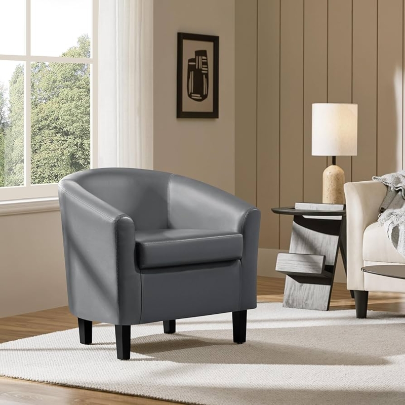 Barrel Chair Matte Charcoal Gray Leather-Like Top Stitching Modern