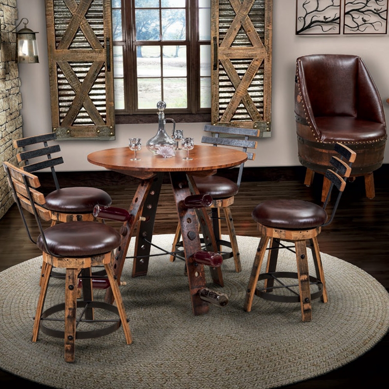 Barrel Stave Pub Table Set Wine Bottle Storage Swivel Stools
