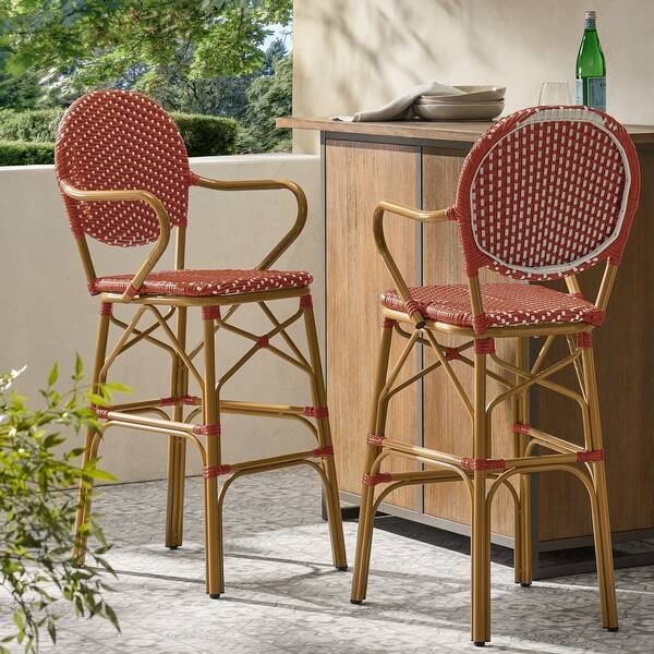 Barstools featuring Bamboo Print Finish Aluminum Frame and Red Weave