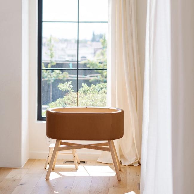 Bassinet Capsule Shape Leather-Like Cognac Tan Tapered Wood Legs