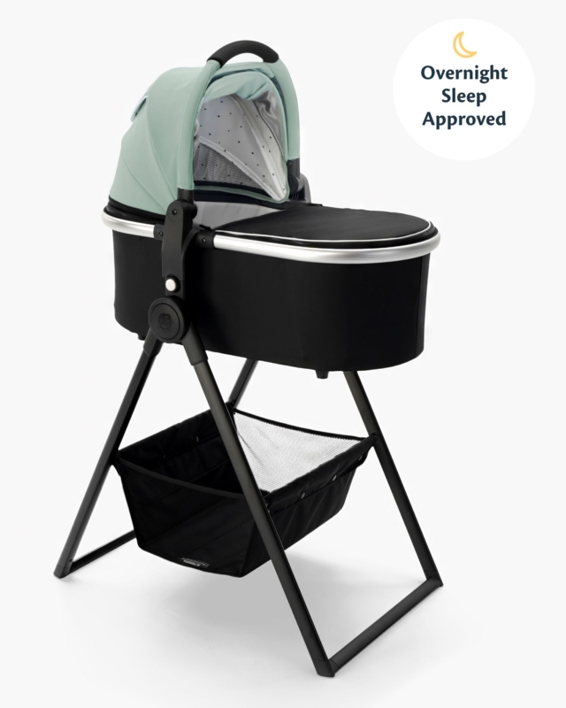 Bassinet Modern Sage Green Canopy X-Frame Stand Mesh Storage Basket