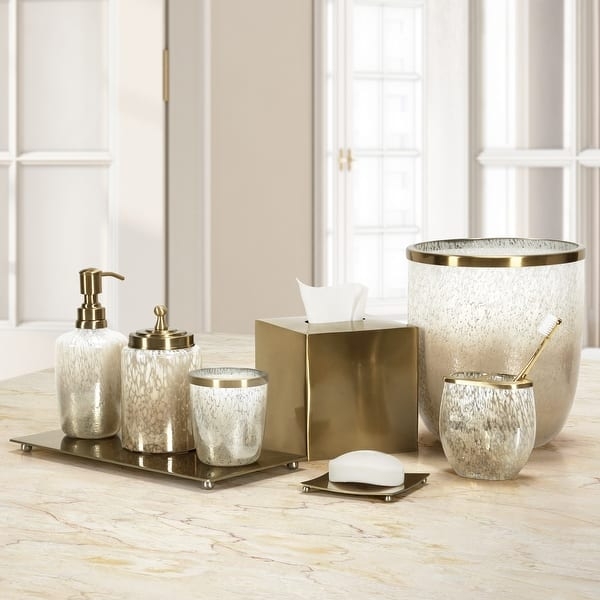 Bath Accessory Set Crackled Cream Glass Finish Brushed Gold Trim
