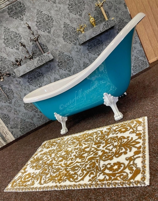 Bath Mat Ornate Gold Damask Pattern on White Base Luxury Style