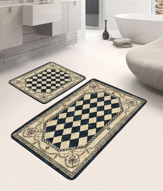Bath Mat Set with Harlequin Checkered Center and Greek Key Border