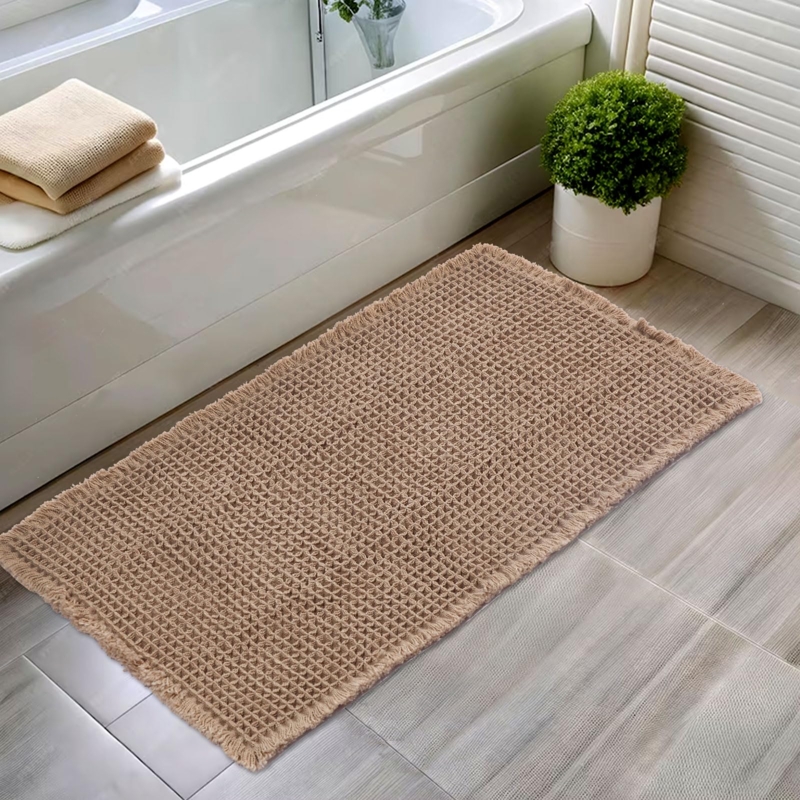 Bath Mat Waffle Weave Texture with Fringed Trim in Warm Brown