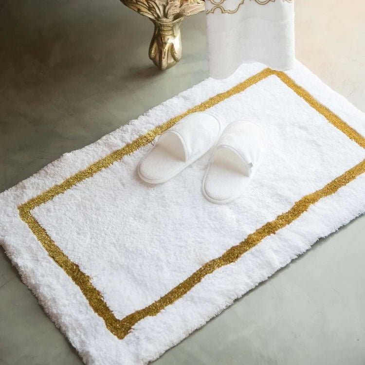 Bath Mat White Plush Pile with Gold Glitter Accent Trim