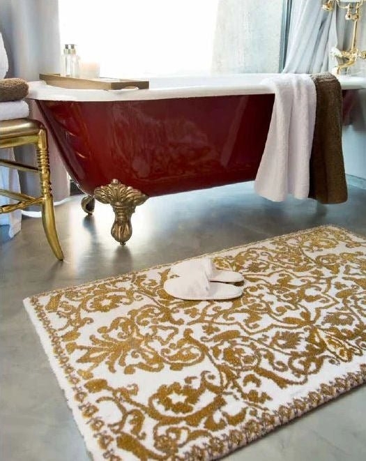 Bath Mat with Gold Scrolling Damask Pattern and Plush Pile