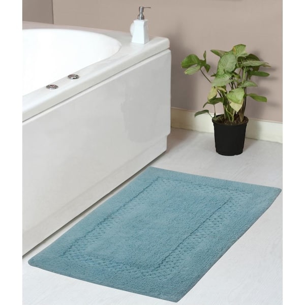 Bath Rug Aqua Blue Plush Cotton with Inset Rectangular Border