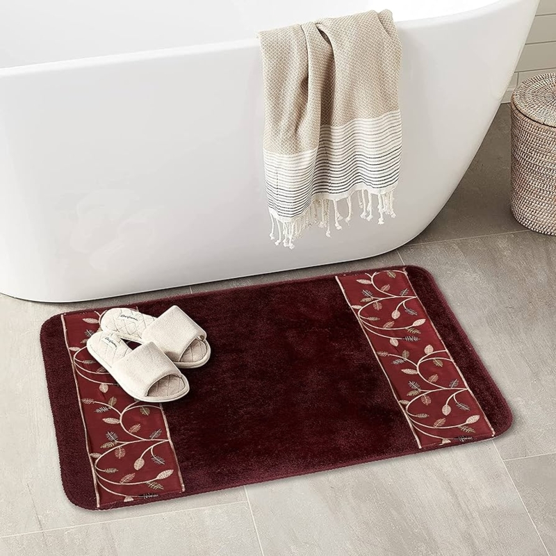 Bath Rug with Burgundy Floral Embroidery and Decorative Side Panels