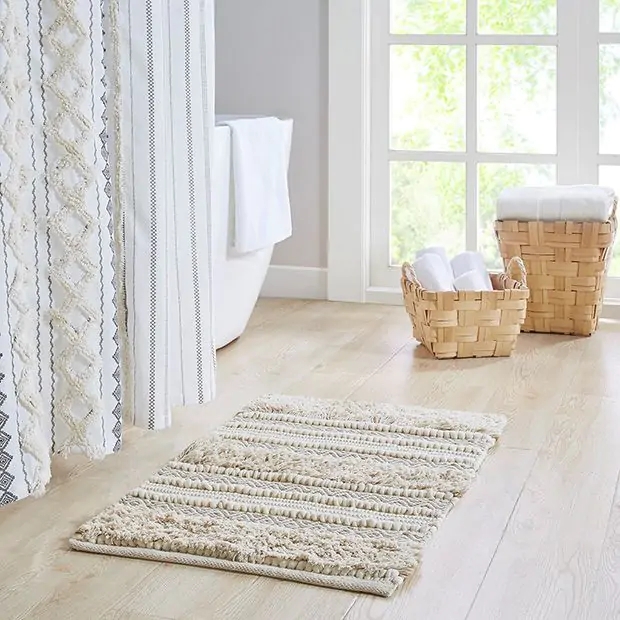 Bath Rug with Tufted Stripes High Low Pile and Geometric Patterns