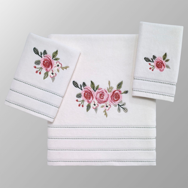 Bath Towel Set Embroidered Roses Horizontal Stitched Borders Garden