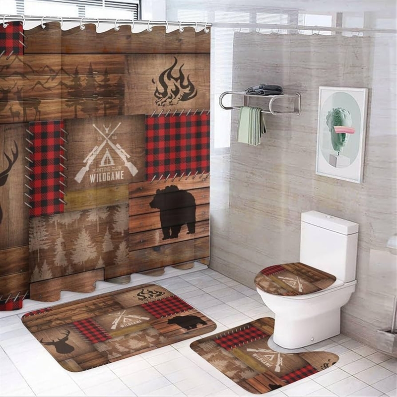 Bathroom Accessory Set Buffalo Plaid Cabin Decor Hunting Club Logo