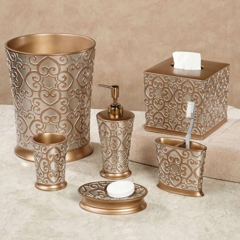 Bathroom Accessory Set Mixed Metal Scrollwork Relief Ornate Glam