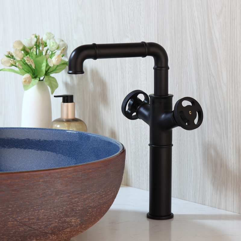 Bathroom Faucet: Industrial Pipe Joints with Matte Black Wheel Handles
