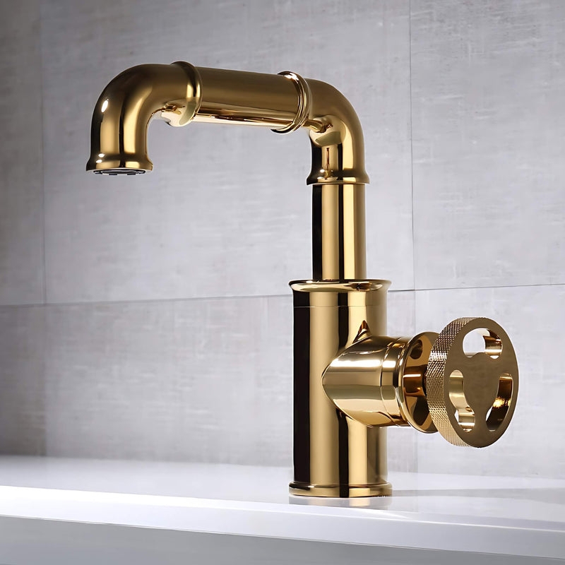 Bathroom Faucet: Polished Gold Finish with Spoke Wheel Handle Design