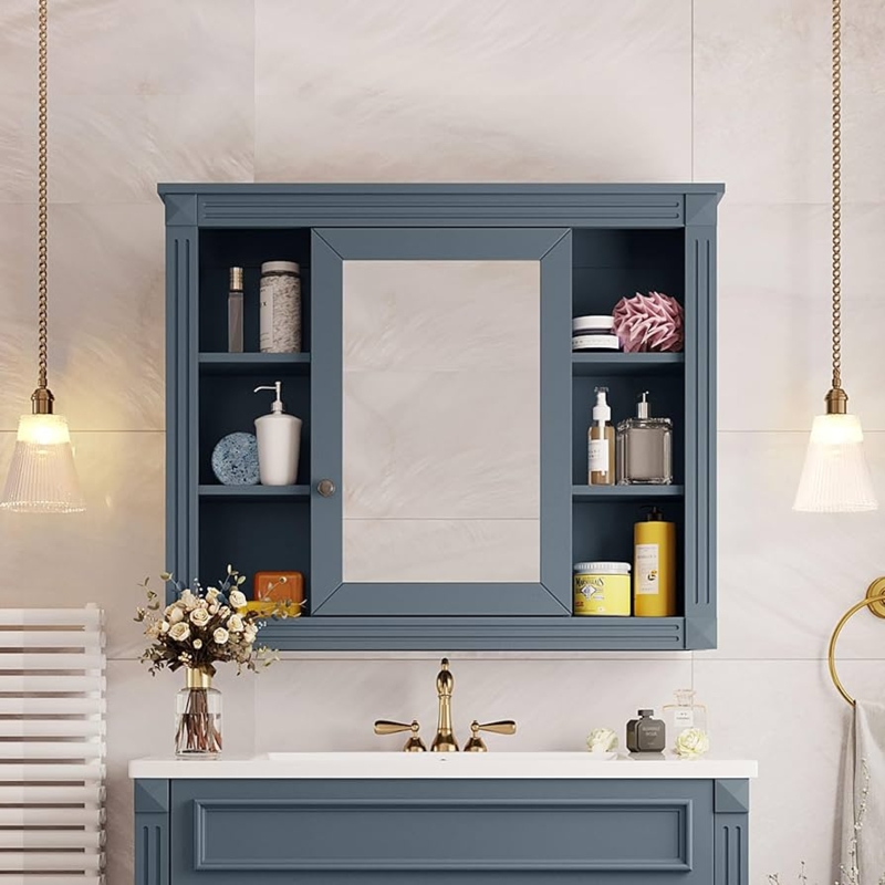 Bathroom Medicine Cabinet Blue Grey Fluted Columns Open Shelving