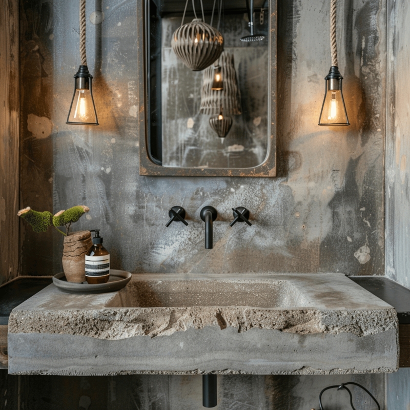 Bathroom Sink: Cast Concrete Basin with Rough Textured Front Edge