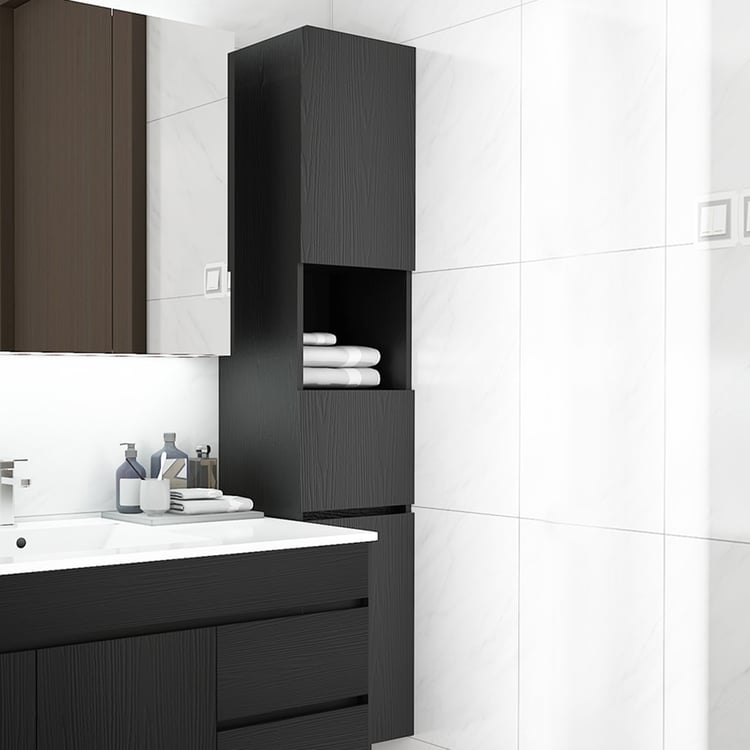 Bathroom Storage Cabinet Matte Black Wood Grain Open Niche Vanity