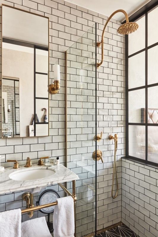 Bathroom Suite: Industrial Brass Shower Head and Black Grid Window Frame