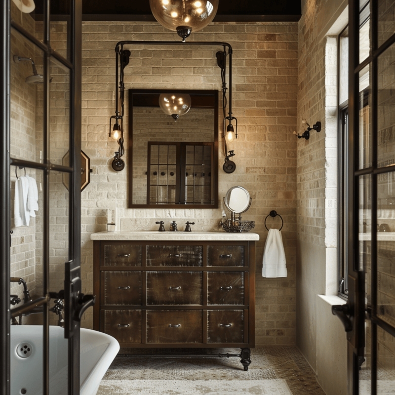 Bathroom Vanity: Apothecary Style Drawers with Industrial Pipe Lighting
