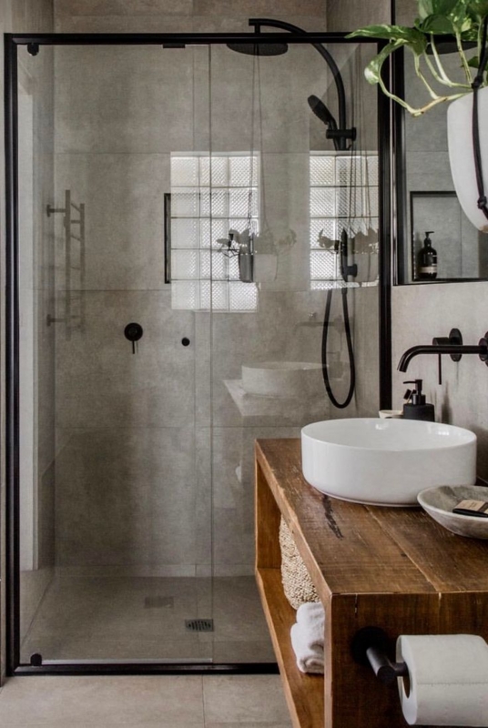 Bathroom Vanity: Chunky Wood Floating Shelf with Matte Black Accents