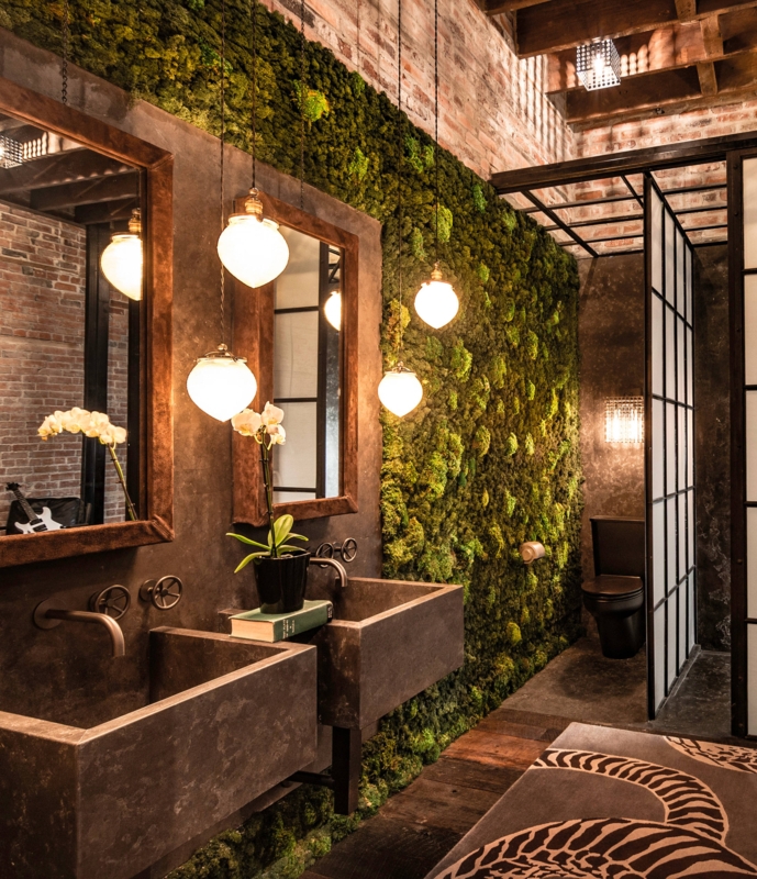 Bathroom Vanity: Stone Trough Sinks set against a Moss Feature Wall